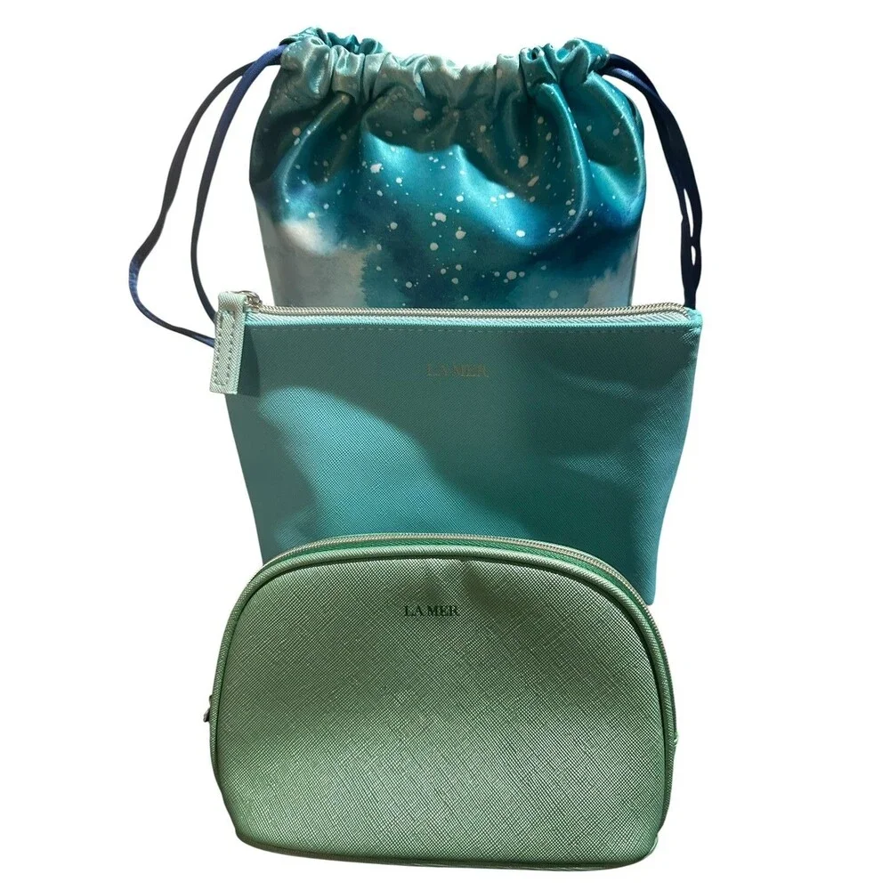 3 Lot La Mer Women's Marble, Blue & Green Travel Makeup Bag Pouch - 2 NEW